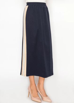 YAL New York Navy Cotton Skirt with Beige Side Stripe Midi