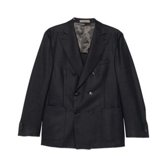 Corneliani Blauwe getailleerde blazer met ruitpatroon - Heren - Jassen - Blauw - Maat: XL Leer
