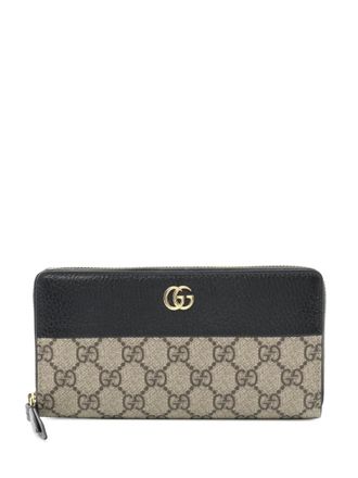 Gucci 2000-2015 GG Supreme and Leather Zip Around Wallet long wallets - women - Fabric/Leather - One Size - Brown