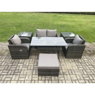 Fimous Outdoor Rattan Garden Furniture Lounge Sofa Set With Oblong Rectangular Dining Table 2 pc Reclining Chair 2 pc Side Table Big Footstool - Fimous