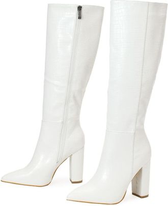Generic Womens High Heel Boots, Comfortable Wide Heel Boot with Side Zipper - Elegant Warm Knee-High Ankle Boot for Parties and Evenings for Autumn/Winter-Whi