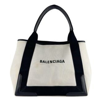 Balenciaga Black Ivory Canvas Leather Handbag Tote Bag (Pre-Owned)
