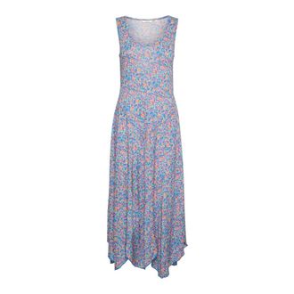 Cream Blauw Oranje Bloemenweide Jurk - Dames - Maxi kleedjes - Blauw - XL - Kleedjes