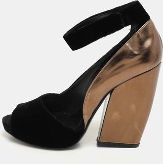 Pierre Hardy Black/bronze Leather And Velvet Block Heel Ankle Strap Pumps