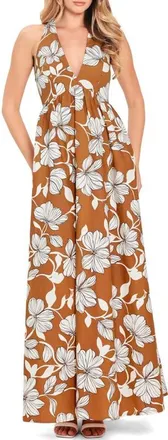 Flying Tomato Floral Print Halter Midi Dress in Camel at Nordstrom, Size Medium