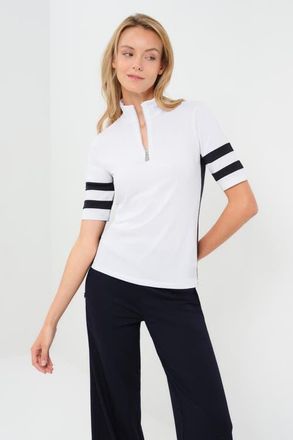 Anatomie Serena Sport Striped Zip-Up Short Sleeve Top in White/navy at Nordstrom, Size X-Large