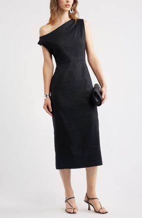 Nordstrom Floral Off the Shoulder Linen Blend Midi Dress in Black at Nordstrom, Size Xx-Large