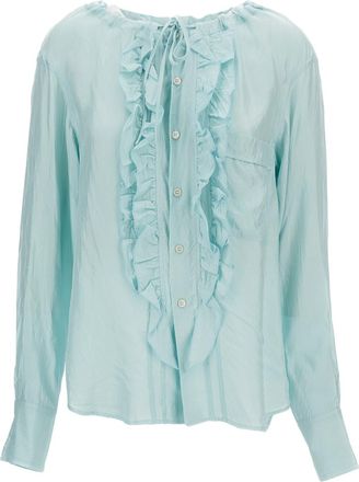 Plan C Light Blue Ruffled Shirt With Gathered Neck