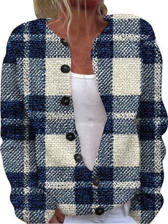 Generic Fluffy Cardigans for Women, Vintage Plaid Jumper Cardigans for Women UK v Neck Sweater Jacket with Buttons Transition Loose Long Sleeve Cropped Knitwe