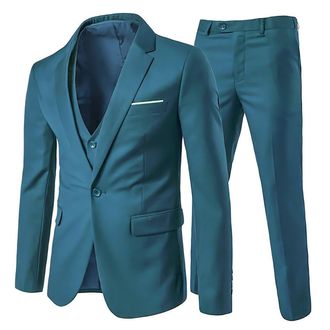 AlltheMen Mens Suits 3 Piece Slim Fit 1 Button Business Formal Blazer Jacket Waistcoat Trousers Wedding Blue S