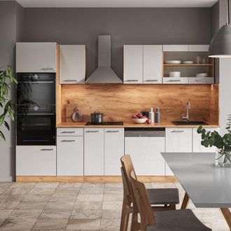 Vicco Mueble De Cocina R-line, Blanco Brillo Intenso/roble Dorado, 300 Cm Con Armario Alto, Sin Encimera