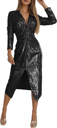 Generic Evening Dresses for Women UK Elegant Sequin Slit V Neck Pleated Neckline Long Sleeve Bodycon Mini Midi Dress Formal Going Out Cocktail Prom Party Occa