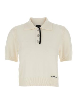 Pinko White Polo Shirt With Logo Patch On The Front And Ribbed Details In Wool Woman