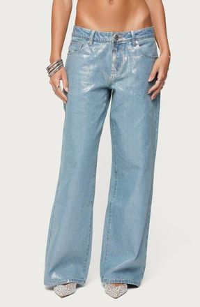 Edikted Jenney Shiny Wide Leg Jeans in Silver at Nordstrom, Size X-Small