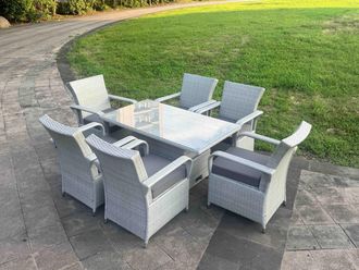 Fimous Rattan Outdoor Garden furniture Set Rising Table & 6 Chairs Set in Light Grey