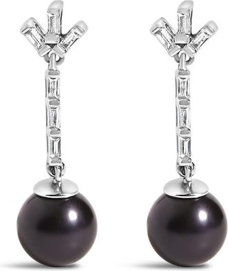 House of Brilliance 925 Sterling silver 7MM Cultured Black Pearl and White sapphire Drop and Dangle Earring