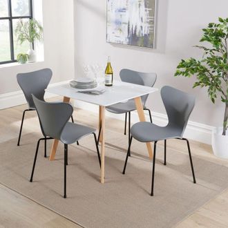 Home Source Industries Home Source - Dining Table Set 80cm White Top Wooden Legs 4 Curved Plastic Grey Metal Chairs