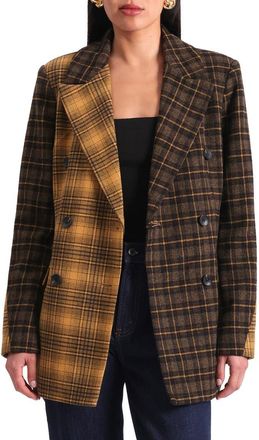 Avec Les Filles Mixed Plaid Hourglass Double Breasted Blazer in Brown - Mustard Plaid at Nordstrom, Size X-Small