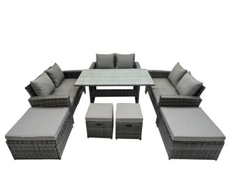 Fimous 10 Seater Outdoor Dining Table Double Seat Sofa 4 Stool Set in Dark Grey