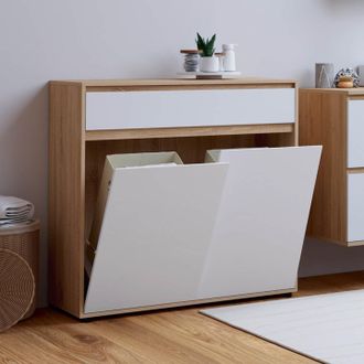 IDMarket Mueble De Ba&ntilde;o Tomi De 2 Puertas Con 2 Cestos Extra&iacute;bles Y 1 Caj&oacute;n, Acabado Haya Y Blanco
