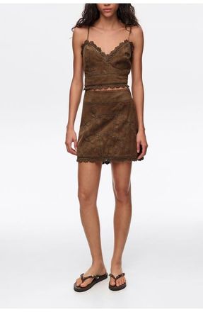 Bimba & Lola Suede Mini Skirt With Decorative Stitching in Khaki at Nordstrom, Size 36 Eu