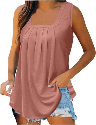 Generic Womens Summer Tank Tops Loose Fit Pleated Sleeveless Soft Cami Vest Baggy Lightweight Solid Color Blouse Top Summer Beach Vacation Camisole Blouses Pi