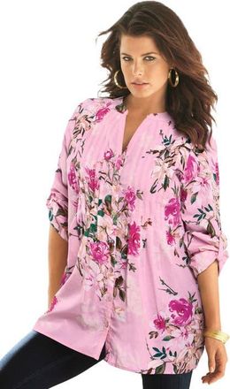 Roaman's Pintuck Tunic Blouse Y-Neck & Roll-Tab Sleeves in Pink Romantic Rose at Nordstrom, Size 34