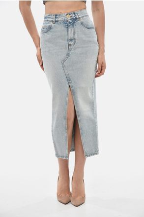 Balmain Midi Denim Skirt With Front Slit Balmain