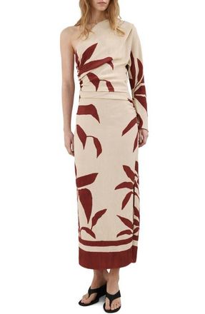 Mango Leaf Print Ruched One Shoulder Midi Dress in Beige at Nordstrom, Size 10