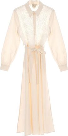 Dixie Witte Kanten Midi Jurk met Riem - Dames - Casual kleedjes - Wit - M - Katoen - Kleedjes