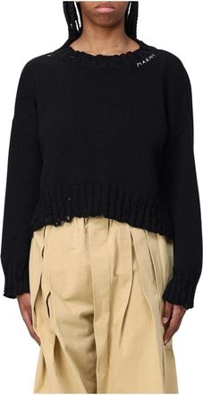 Marni Round-neck Knitwear, female, Black, Size: S Distressed Knit Pullover Sweater