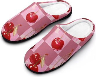 Generic Cherries Checkerboard Plaid Slippers Men Winter Warm Cotton Anti-Slip Indoor Slip-Ons House Shoes