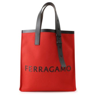 Ferragamo Black Red Color Canvas Leather Handbag Tote Bag (Pre-Owned)