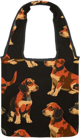 Generic Cute Brown Dachshund Dogs Reversible Canvas Shoulder Tote - Double-Sided Print, 12oz Cotton, 27cm Drop, Fold-Flat Bag for Travel, Shopping, Street Out