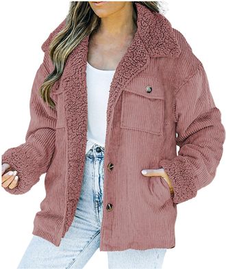 Generic Corduroy Jacket Womens Winter Elegant Fleece Jacket Lined Thermal Jacket Cord Plain Transition Jacket Womens Turn-Down Collar Teddy Jacket with Button