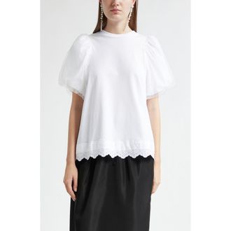 Simone Rocha Eyelet Trim Puff Sleeve Knit Top in White at Nordstrom, Size X-Large
