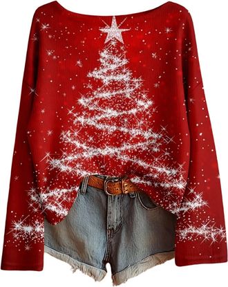 Generic Christmas Jumper 2025 Womens Christmas Jumpers Xmas Tree Print Ladies Tops Funny Christmas Jumpers for Women UK Boho Sweatshirt Xmas Pullover