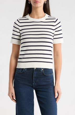 Sugarlips Tessie Stripe Short Sleeve Cotton Sweater in White Navy at Nordstrom, Size X-Large