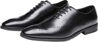 Generic Formal Dress Shoes for Men Lace Up Burnished Plain Toe Brogue Embossed Leather Block Heel Low Top Anti-Slip Wedding(Black,7.5 UK)