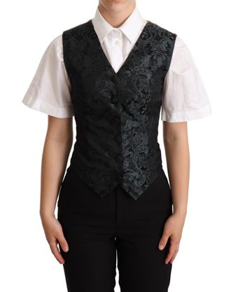 Dolce & Gabbana Dames Zwarte Jacquard Bloemen Gilet Vest Groen
