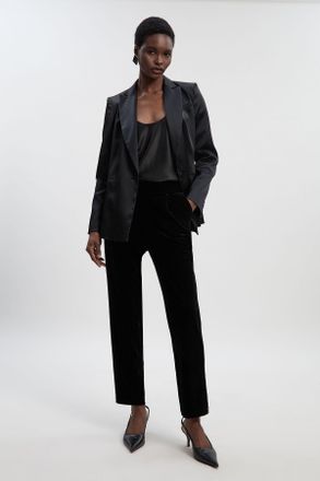 Karen Millen Womens Petite Tailored Velvet High Waist Slim Leg Trouser - Black - Size 10 UK