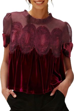 Generic sweaters for women uk Womens Velvet Lace Tops Casual Puff Short Sleeve Babydoll Shirts Flared Swing Blouse Ruffle Hem Patchwork Peplum Sweatshirts Ele