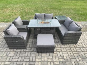 Fimous 7 Seater Rattan Garden Furniture Set Propane Gas Fire Pit Table & Sofa Chair set with Big Footstool Side Table in Dark Grey