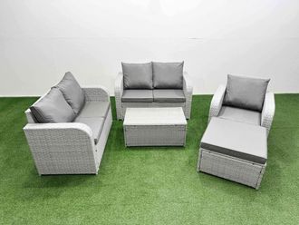 Fimous High Back Poly Rattan Garden Furniture Set w/ Reclining Chair Loveseat Sofa Rectangular Coffee Table Indoor Outdoor Patio Set Big Stool Light