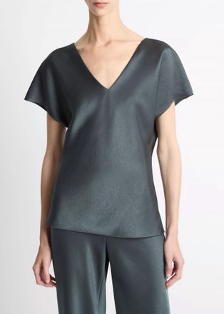 Vince Satin V-Neck Blouse In Malachite
