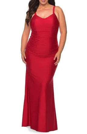 La Femme Long Ruched Plus Size Jersey Dress in Red at Nordstrom, Size 22W