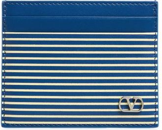 Valentino VLOGO Signature Stripe Leather Card Case in Marine/Light Ivory at Nordstrom