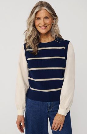 Lands End Drifter Shaker Button Shoulder Sweater Vest with Poplin Sleeves in Deep Sea Navy/champagne Stripe at Nordstrom, Size X-Large