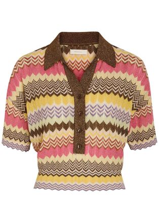 Faithfull The Brand Raya Chevron Pointelle Metallic-knit Polo top - Stripe - XL (UK16 / XL)