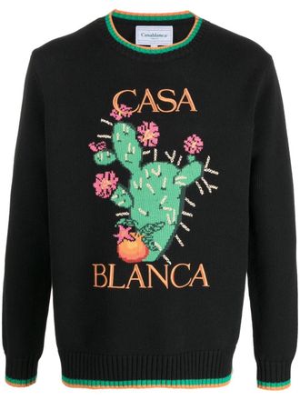Casablanca floral-intarsia crew-neck jumper - men - Polyester/Cotton - M - Black